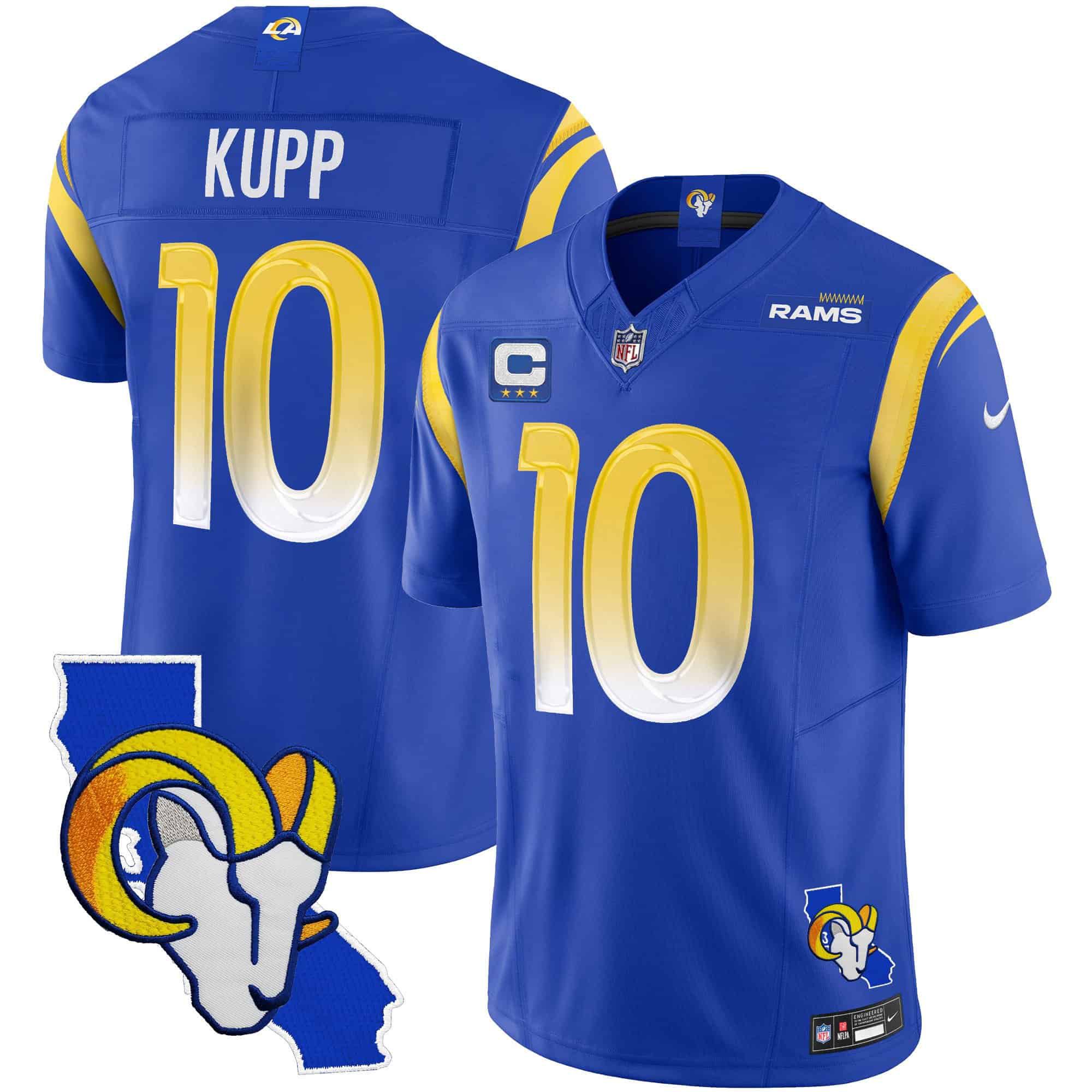 Men Los Angeles Rams 10 Kupp Blue 2024 Nike California Patch Vapor Limited NFL Jersey style 1